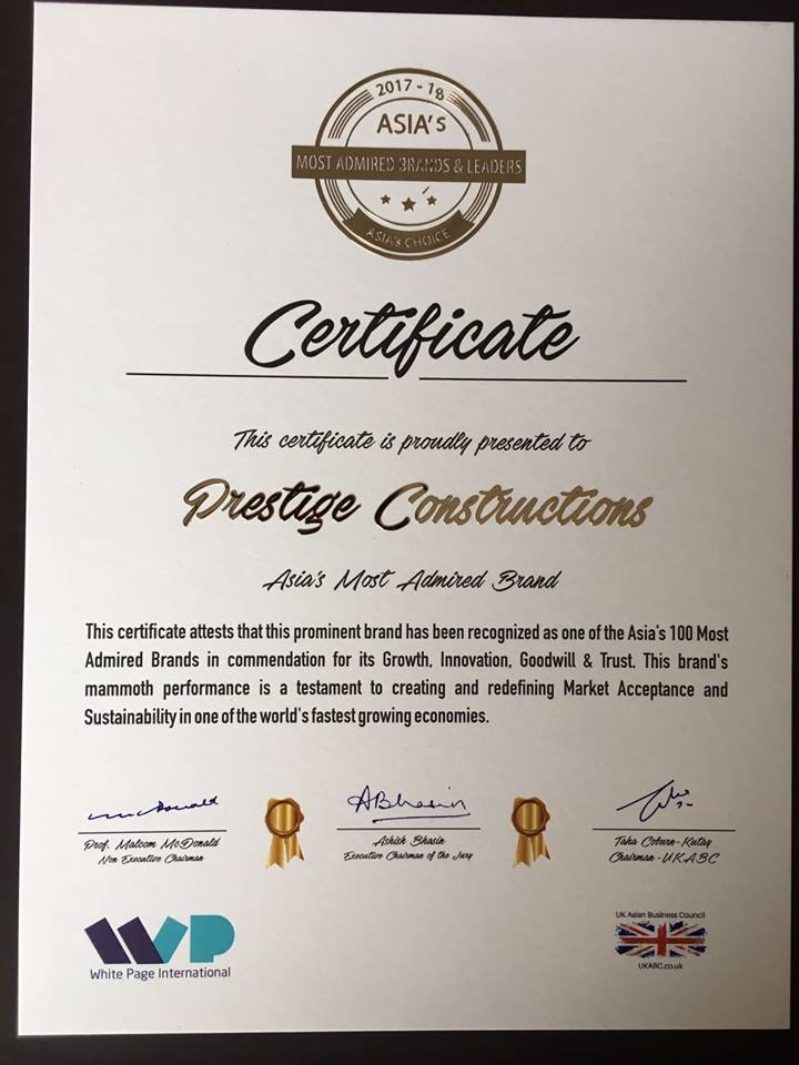 Prestige Group awarded Asia's most Admired brands 2017-18 Update